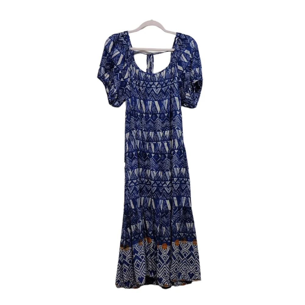 Knox Rose Puff Short Sleeve Tiered Dress Blue Paisley Beach Prairie Size L - Picture 7 of 10